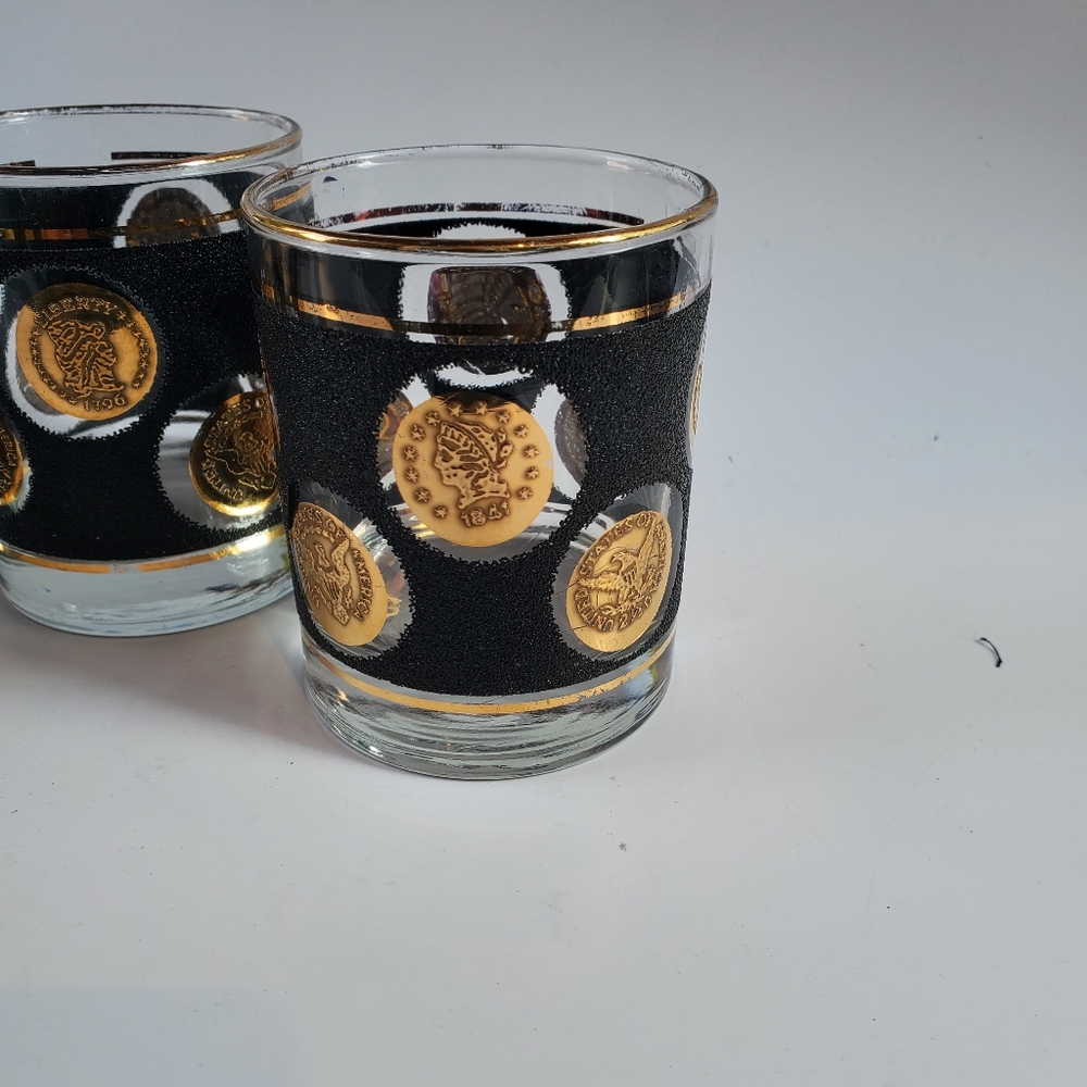 3 Libbey Whiskey Glasses Gold Coins Black Pebble Texture‎ Mid-century Modern - Picture 4 of 5